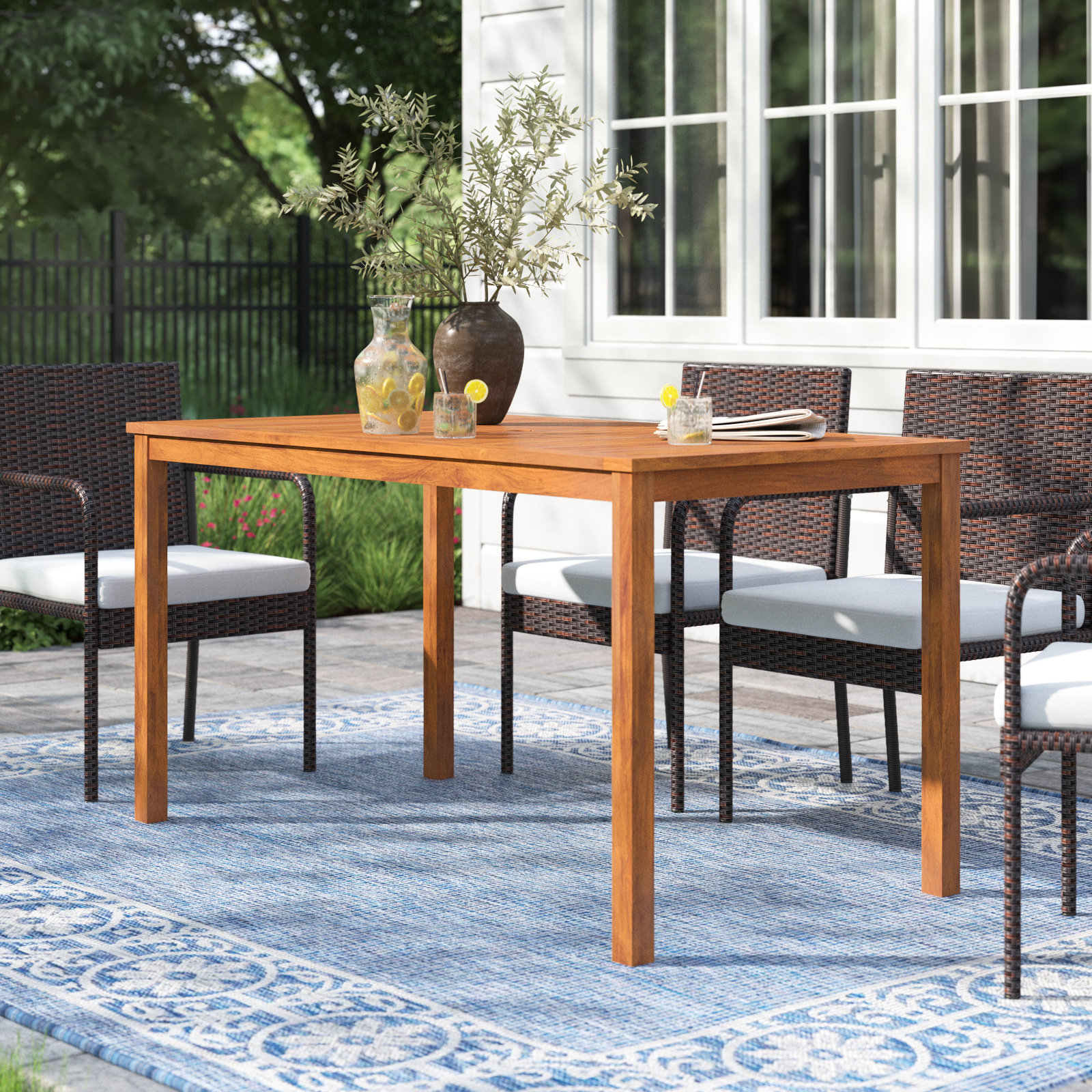 Lark Manor 57" Acacia Wood Outdoor Dining Table With Umbrella Hole & Reviews | Wayfair